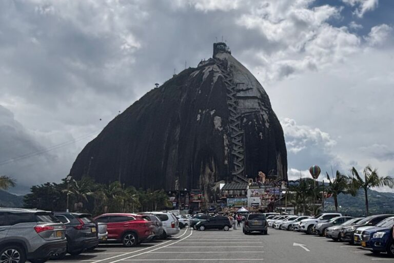 La Piedra del Peñol rising above the parking area near Guatapé, Colombia.