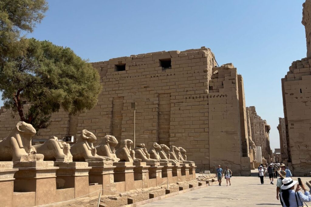 Row of ram-headed sphinx statues leading toward the entrance of Karnak Temple with visitors walking nearby.