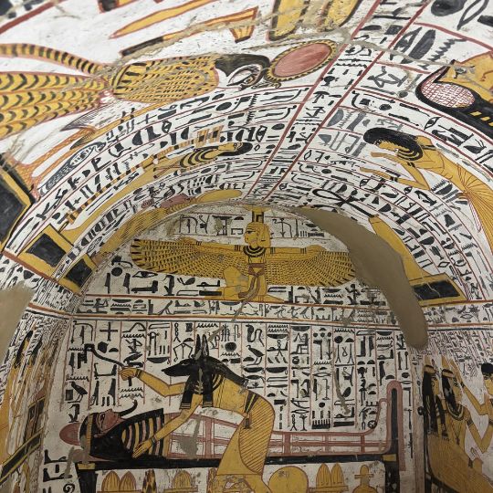 Detailed ancient Egyptian tomb ceiling covered in colorful hieroglyphics and painted figures inside a narrow burial chamber.