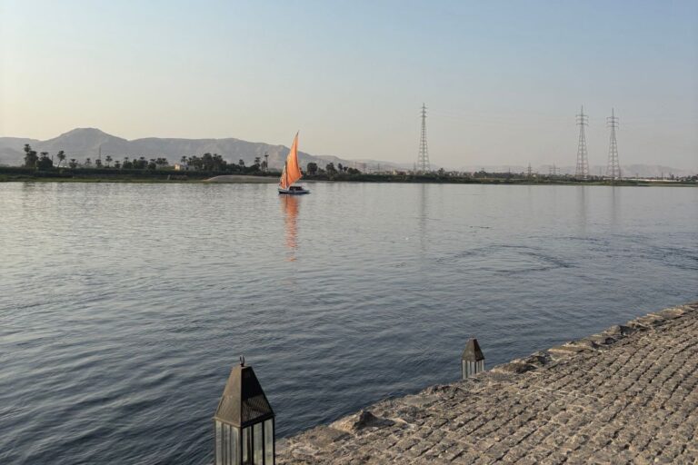 Felucca sailing on the Nile River viewed from Hilton Luxor Resort & Spa in Luxor, Egypt