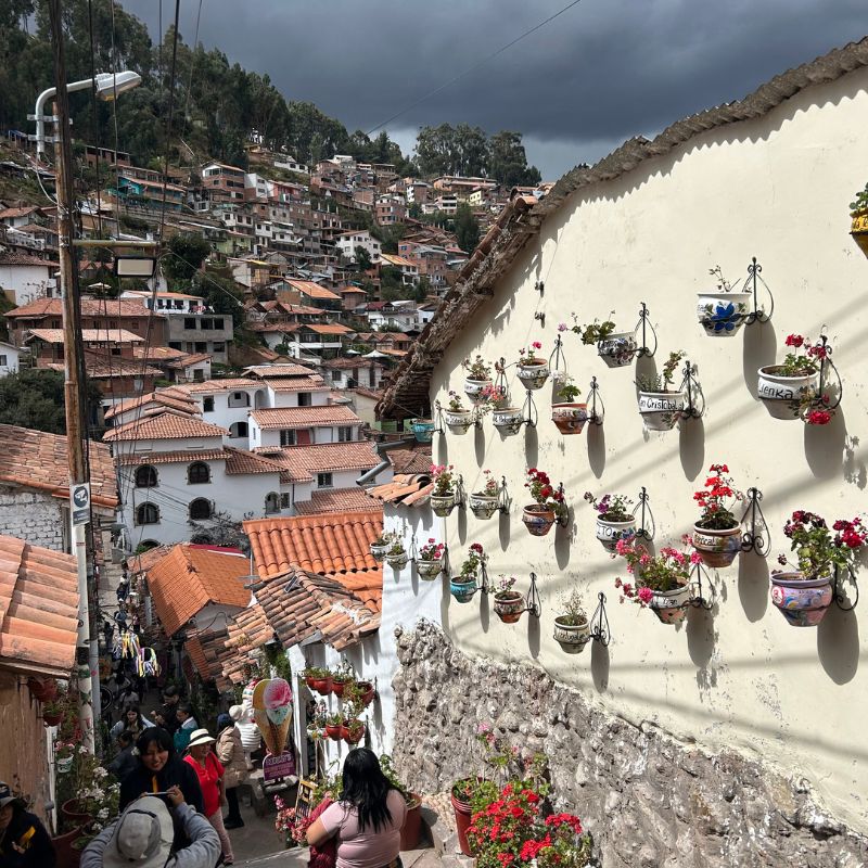 Steep cobblestone street in Cusco lined with flower pots and colonial buildings overlooking hillside neighborhoods under dark cloudy skies.