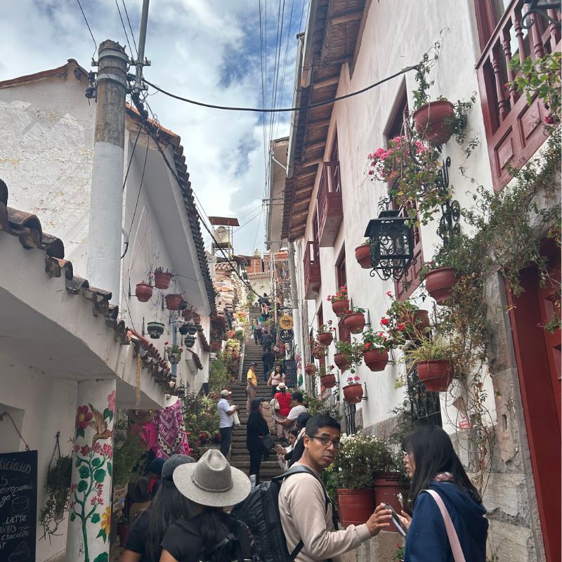 Narrow flower-lined street in Cusco filled with visitors walking between colonial buildings decorated with hanging plants and balconies.