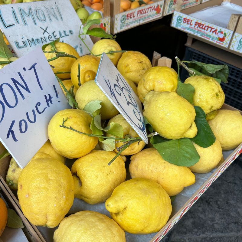 Large Amalfi Coast lemons displayed at a market stall alongside signs advertising limoncello.