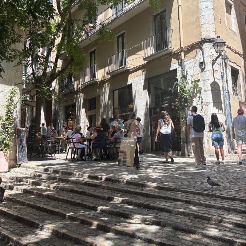 Outdoor cafés and pedestrian streets in Girona's Old Town