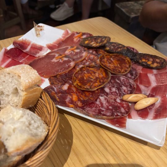 Traditional Spanish charcuterie platter with cured meats and bread