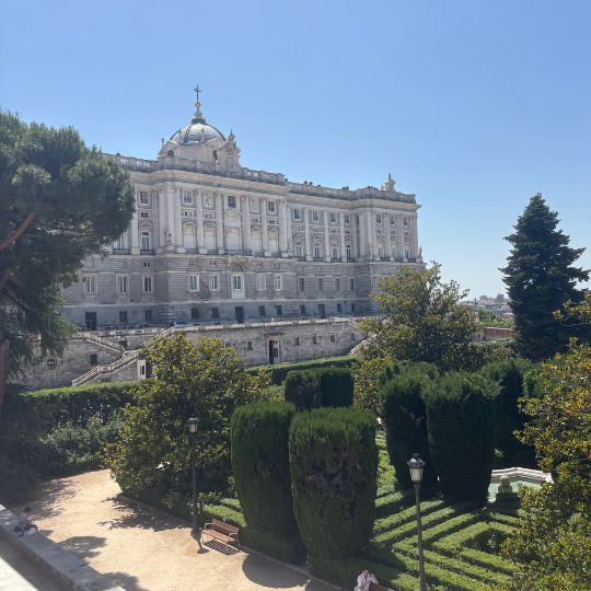 View of the Royal Palace of Madrid from the surrounding gardens