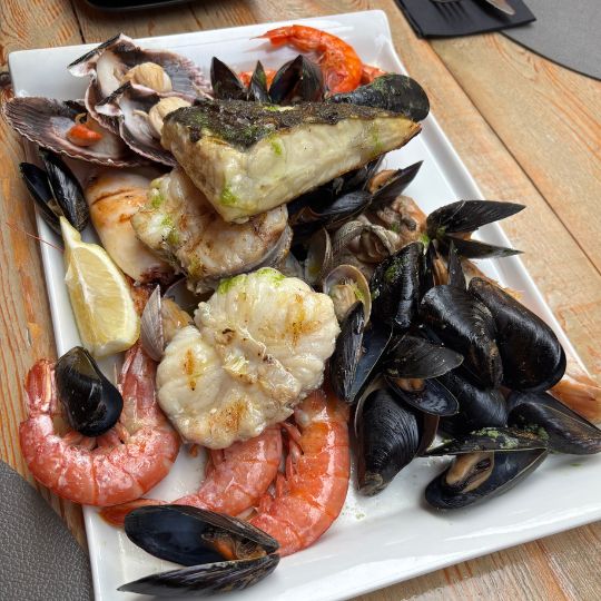 Fresh seafood platter with fish, shrimp, mussels, and scallops in Tossa de Mar