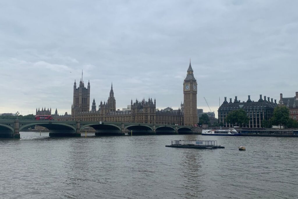 View of Big Ben and the Houses of Parliament along the River Thames in London