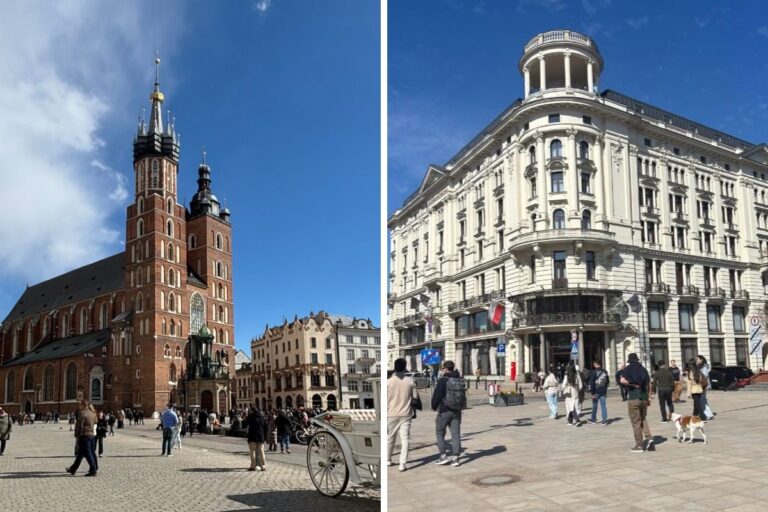 Side-by-side views of St. Mary’s Basilica in Kraków and a grand historic building in Warsaw.