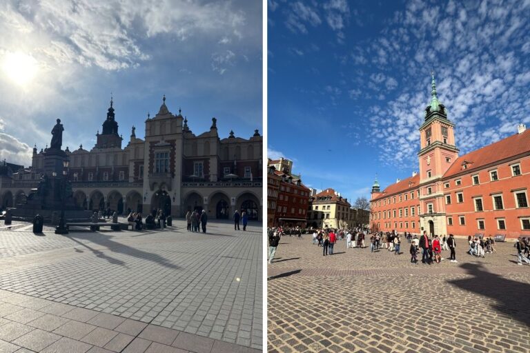 Side-by-side views of Kraków’s Cloth Hall and Warsaw’s Castle Square.
