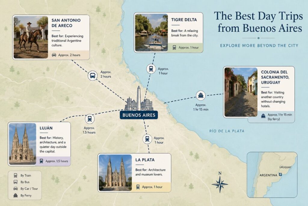 Map showing the best day trips from Buenos Aires, including Tigre Delta, Colonia del Sacramento, La Plata, Luján, and San Antonio de Areco