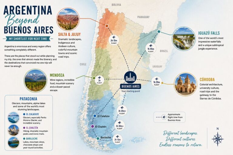 Map highlighting destinations beyond Buenos Aires, including Patagonia, Mendoza, Córdoba, Iguazú Falls, and Salta & Jujuy with approximate flight times