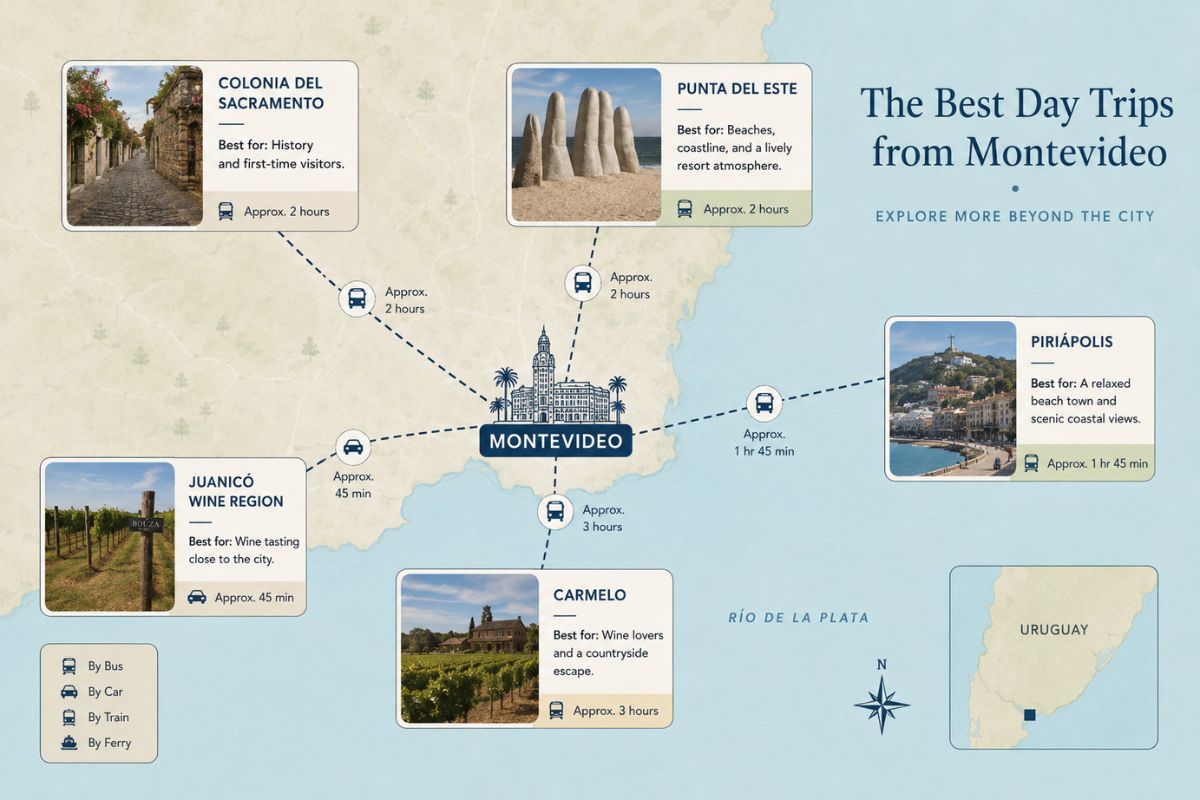 Illustrated map showing five recommended day trips from Montevideo, including Colonia del Sacramento, Punta del Este, Piriápolis, Carmelo, and the Juanicó wine region.