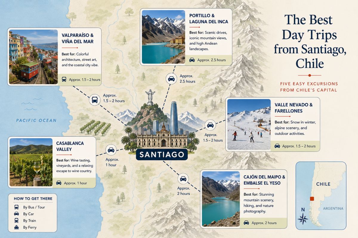 Illustrated map showing five recommended day trips from Santiago, Chile, including Valparaíso and Viña del Mar, Cajón del Maipo, Portillo and Laguna del Inca, Casablanca Valley, and Valle Nevado.