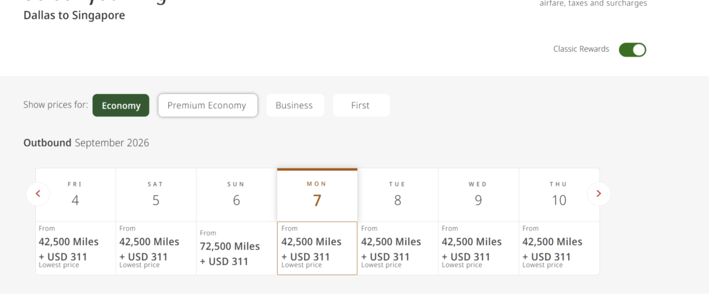 Emirates award search results showing one week of mileage pricing to Singapore