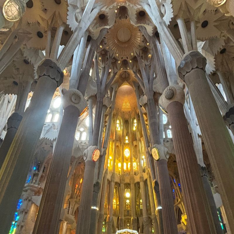 nterior of the Sagrada Família showcasing Gaudí's soaring columns and stained-glass light