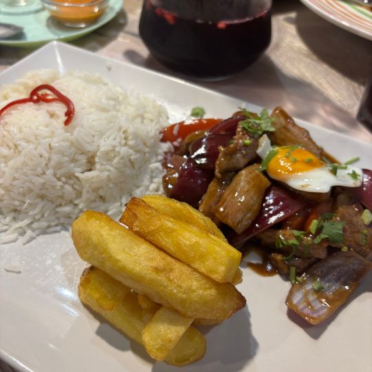 Lomo Saltado at a Peruvian restaurant in Barcelona during our Spain itinerary