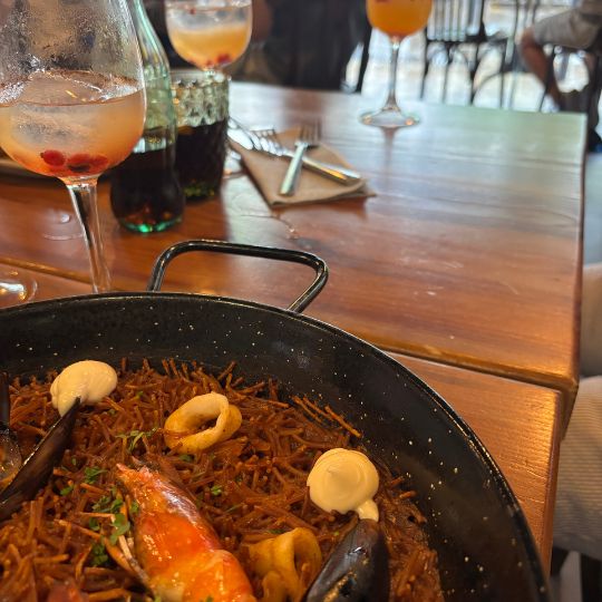 Seafood fideuà served at a restaurant in Tossa de Mar on the Costa Brava