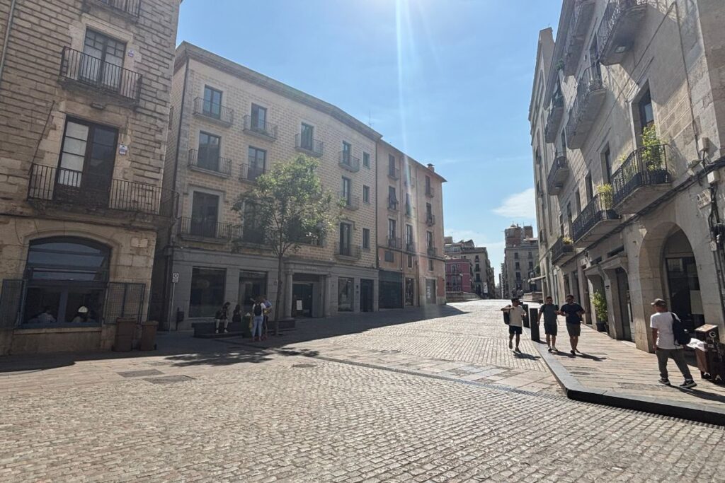 Historic square in Girona's Old Town during a day trip from Madrid to the Costa Brava