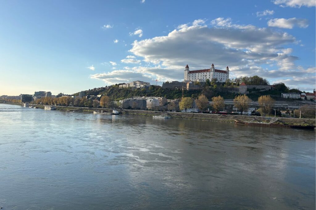 Bratislava Castle overlooking the Danube River at sunset