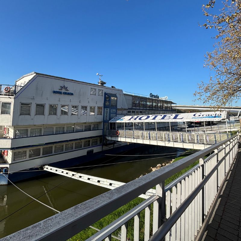 Botel Gracia floating hotel moored along the Danube River in Bratislava