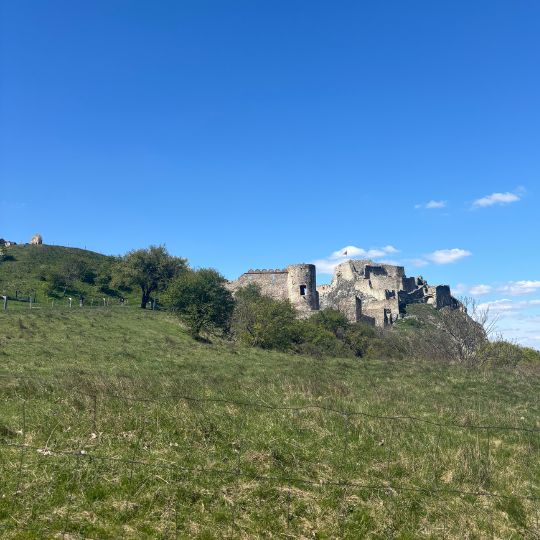 Historic stone walls and ruins of Devin Castle above the Danube River