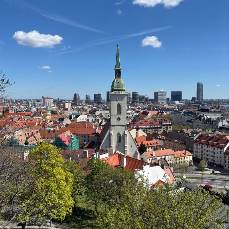 Panoramic view of Bratislava Old Town from Bratislava Castle with St. Martin's Cathedral in the foreground