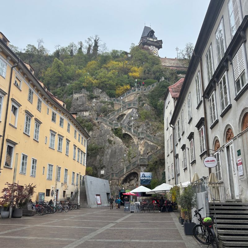 Schlossberg staircase leading up to the Clock Tower in Graz, Austria