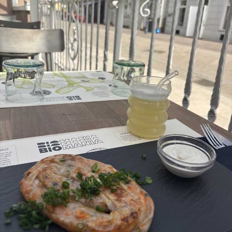 Traditional pastry and drink at a restaurant in Zagreb, Croatia.