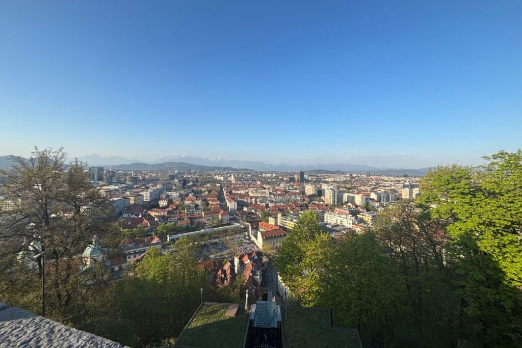 View over Ljubljana's red rooftops and city center from Ljubljana Castle.