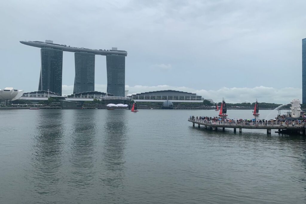 View of Marina Bay in Singapore featuring Marina Bay Sands, the waterfront promenade, and the city's iconic skyline, representing one possible destination for a 100,000-point international award trip.
