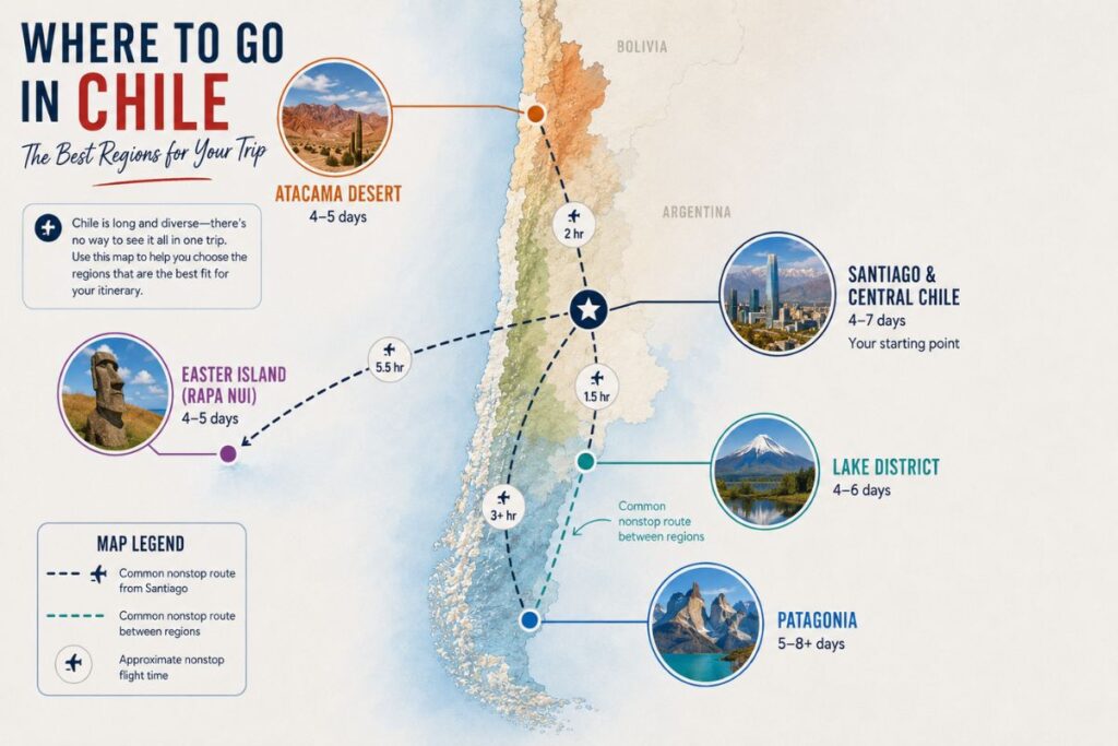 Illustrated map of Chile highlighting the country's major travel regions, including Santiago and Central Chile, the Atacama Desert, Patagonia, the Lake District, and Easter Island, with suggested trip lengths.