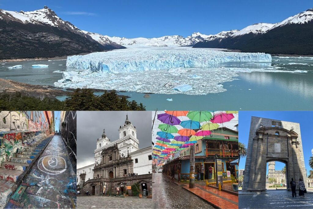 Collage featuring Perito Moreno Glacier in Argentina above four destinations from a five-week South America itinerary, including Valparaíso in Chile, Quito in Ecuador, Cartagena in Colombia, and Montevideo in Uruguay.