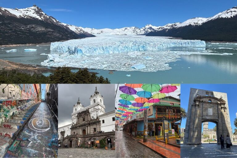 Collage featuring Perito Moreno Glacier in Argentina above four destinations from a five-week South America itinerary, including Valparaíso in Chile, Quito in Ecuador, Cartagena in Colombia, and Montevideo in Uruguay.