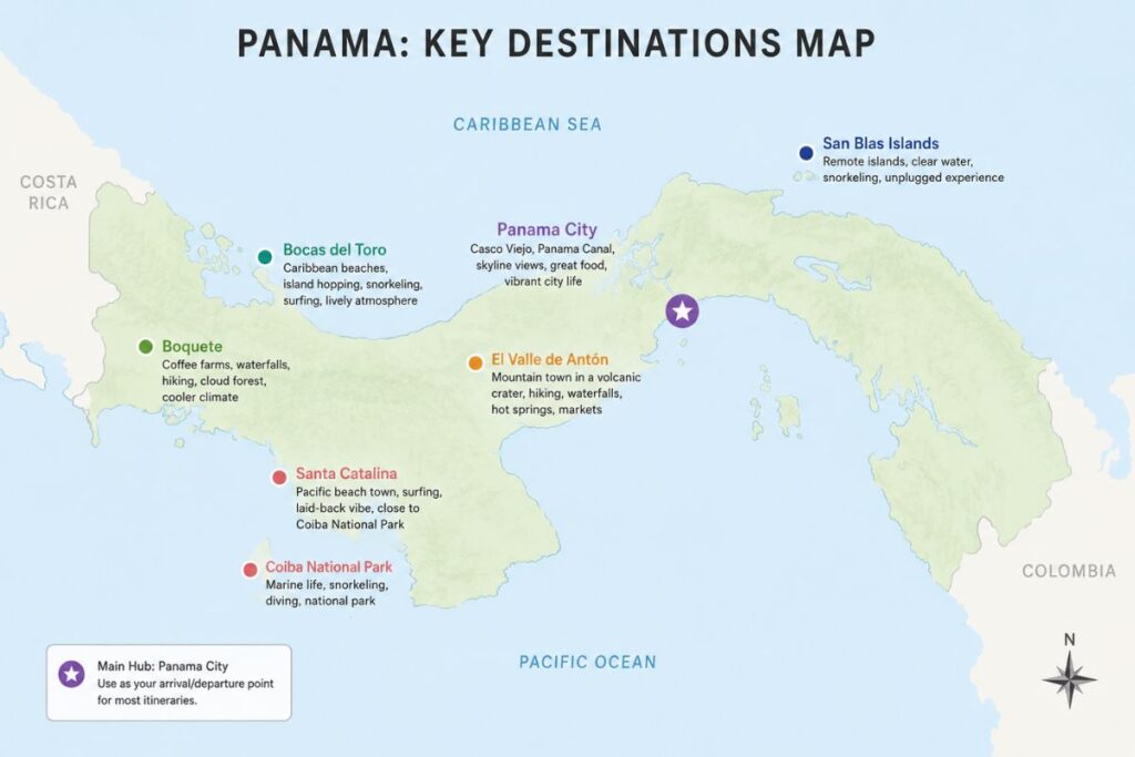 Illustrated map of Panama highlighting Panama City, San Blas Islands, Bocas del Toro, Boquete, El Valle de Antón, Santa Catalina, and Coiba National Park with suggested travel destinations.