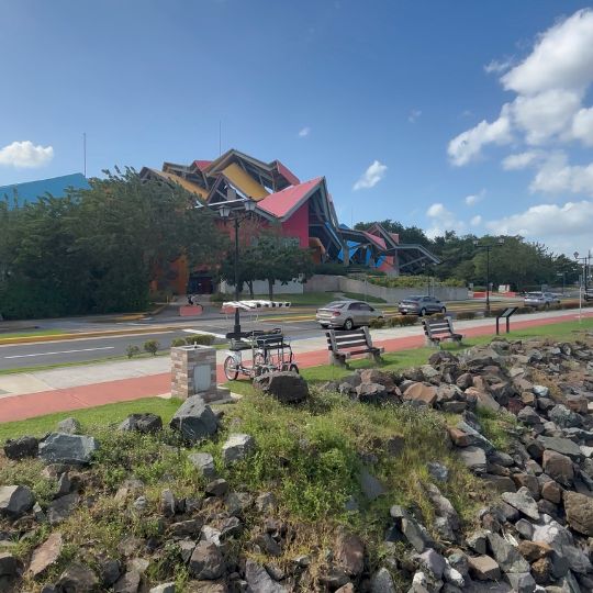 Colorful Biomuseo building along the waterfront near the Amador Causeway in Panama City.