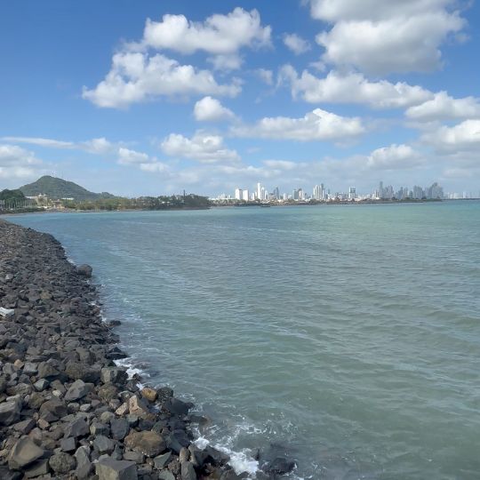 Panama City skyline viewed across the waterfront from the Amador Causeway.