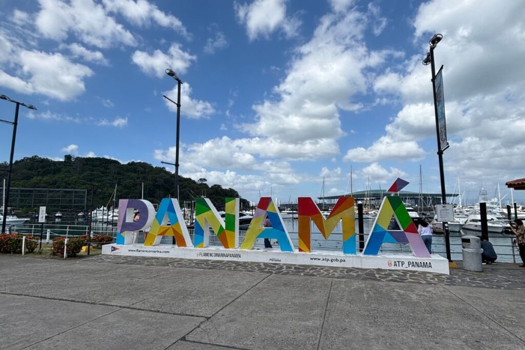 Colorful Panama sign overlooking Flamenco Marina on the Amador Causeway in Panama City.