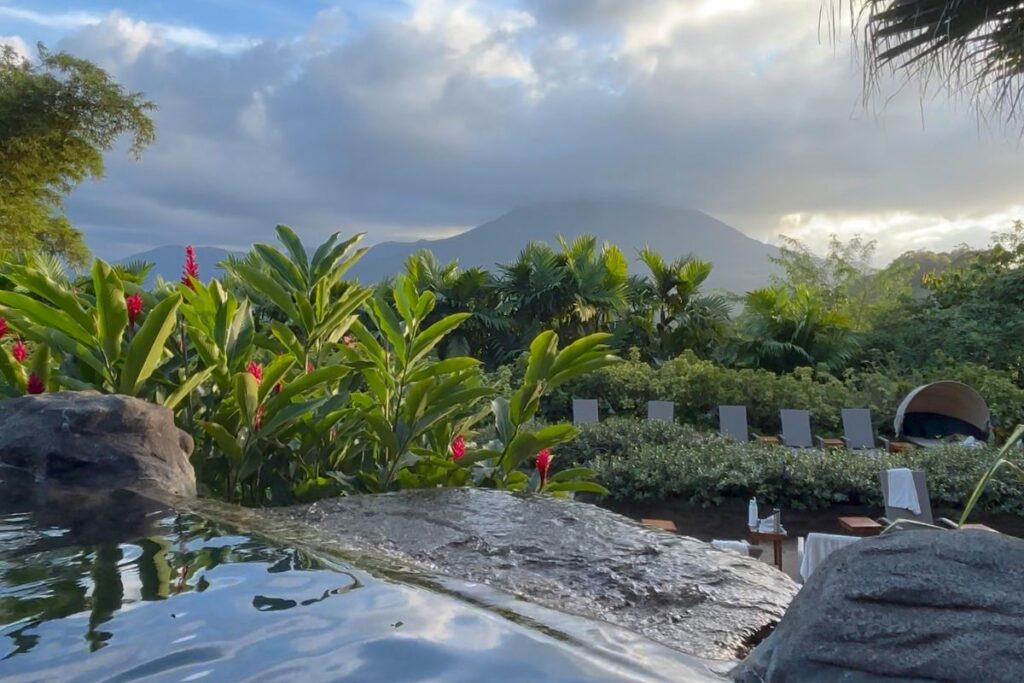 View of Arenal Volcano from the hot springs in La Fortuna, Costa Rica.