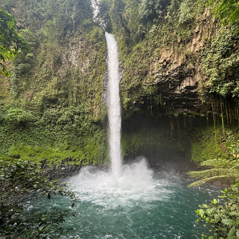 La Fortuna Waterfall cascading into a turquoise pool surrounded by tropical rainforest.