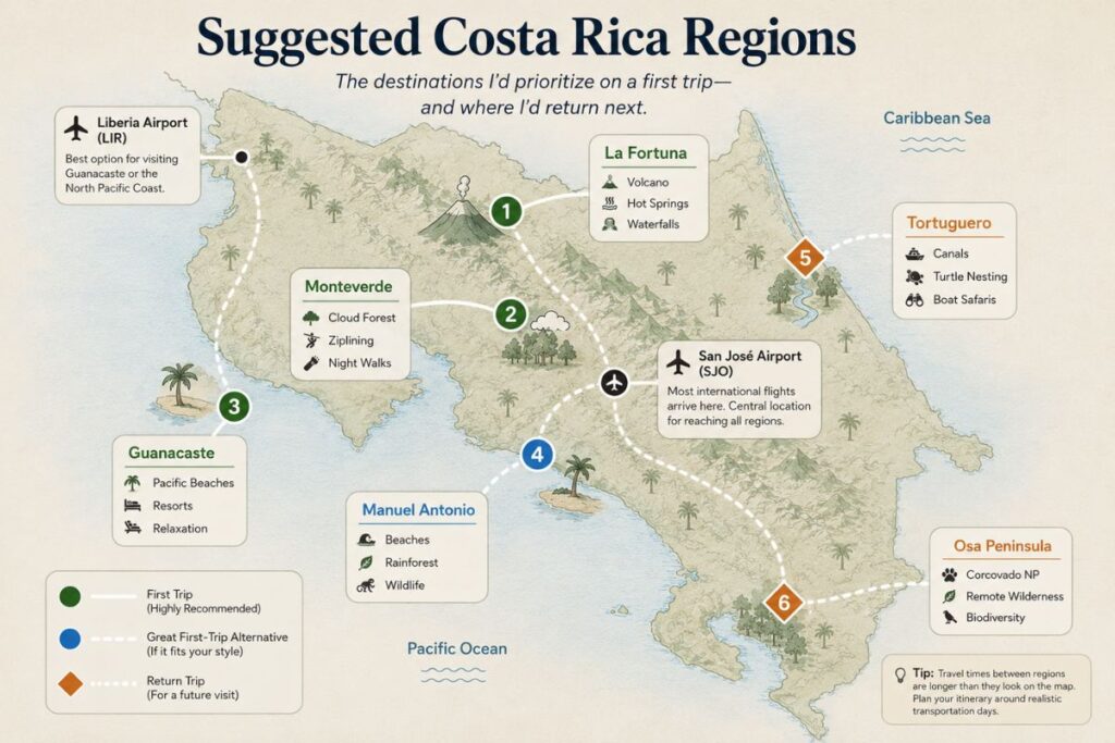 Illustrated map of Costa Rica highlighting suggested regions for a first trip, including La Fortuna, Monteverde, Guanacaste, Manuel Antonio, Tortuguero, and the Osa Peninsula.