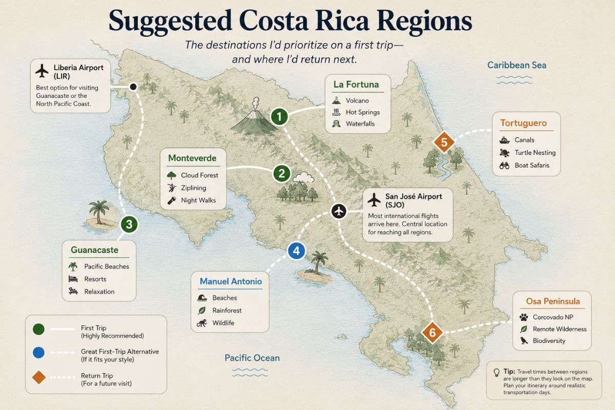 Illustrated map of Costa Rica highlighting suggested regions for a first trip, including La Fortuna, Monteverde, Guanacaste, Manuel Antonio, Tortuguero, and the Osa Peninsula.