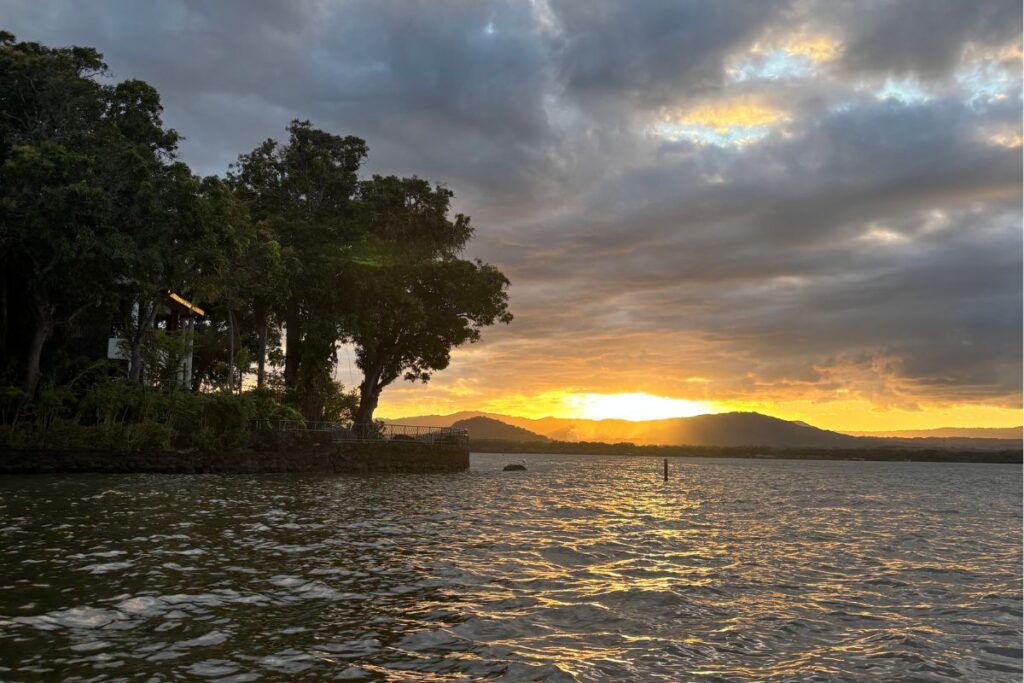 Sunset over Lake Nicaragua viewed from the Isletas near Granada with golden light reflecting across the water.