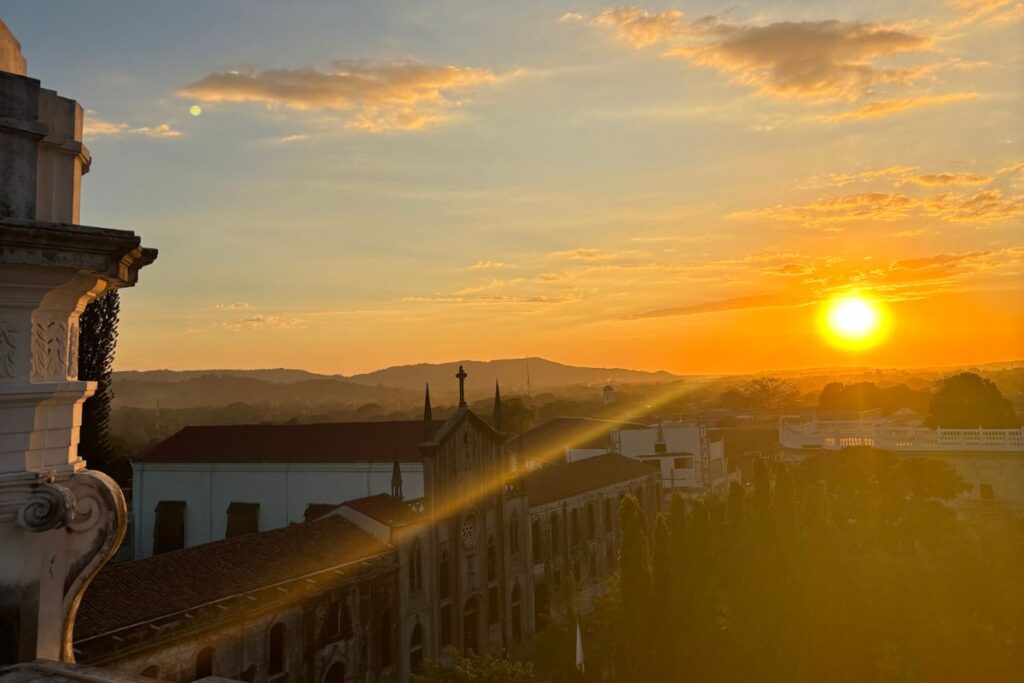 Sunset view from the rooftop of León Cathedral overlooking the historic center of León, Nicaragua.