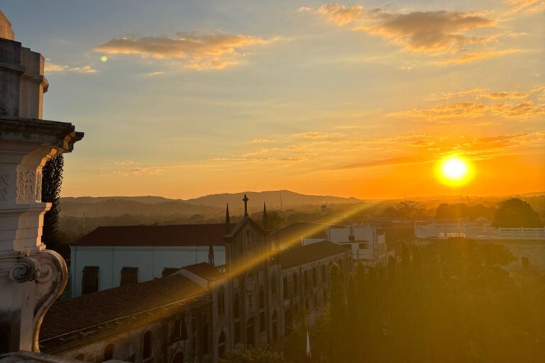 Sunset view from the rooftop of León Cathedral overlooking the historic center of León, Nicaragua.