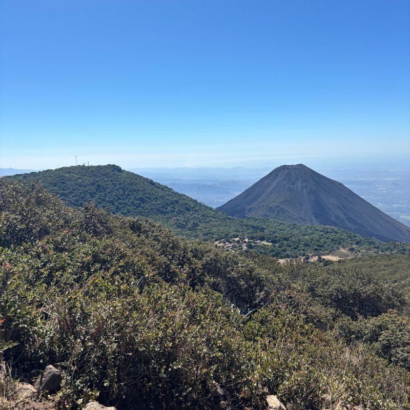 View of Izalco Volcano from the hiking trail on Santa Ana Volcano in Cerro Verde National Park, El Salvador.