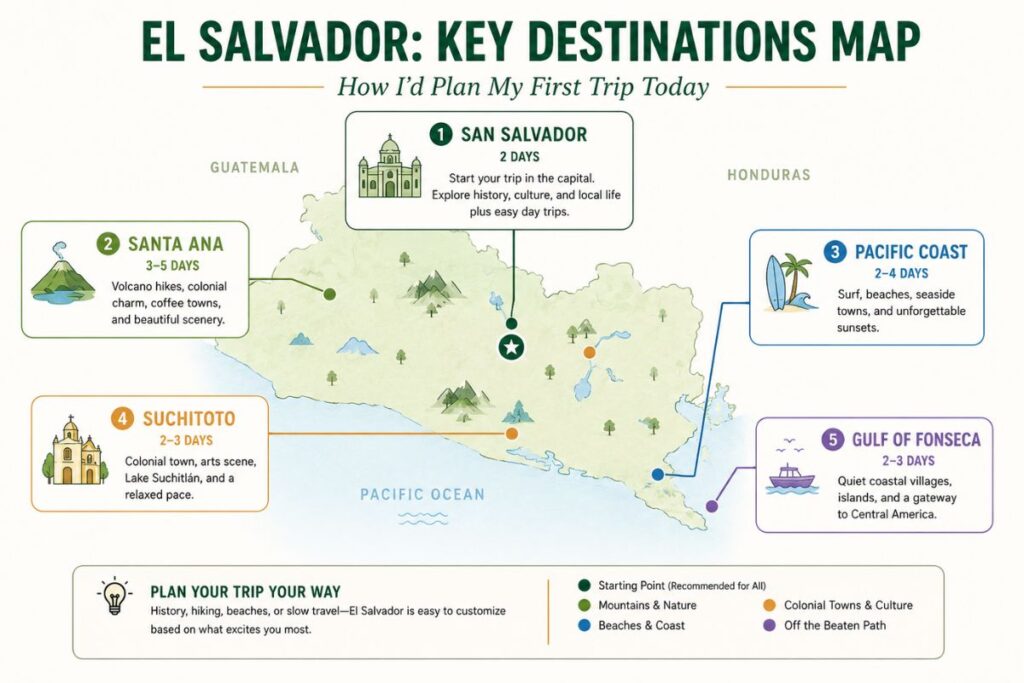 Illustrated map of El Salvador highlighting recommended first-trip destinations including San Salvador, Santa Ana, the Pacific Coast, Suchitoto, and the Gulf of Fonseca, with suggested lengths of stay.