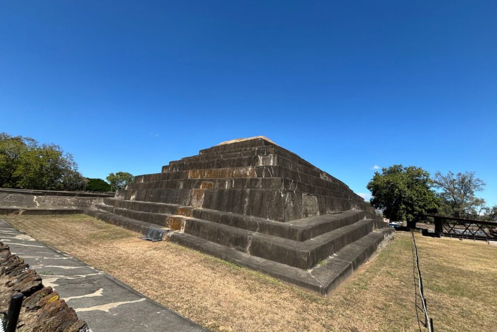 The stepped pyramid at Tazumal Archaeological Site in Chalchuapa, El Salvador, one of the country's most important Mayan ruins.