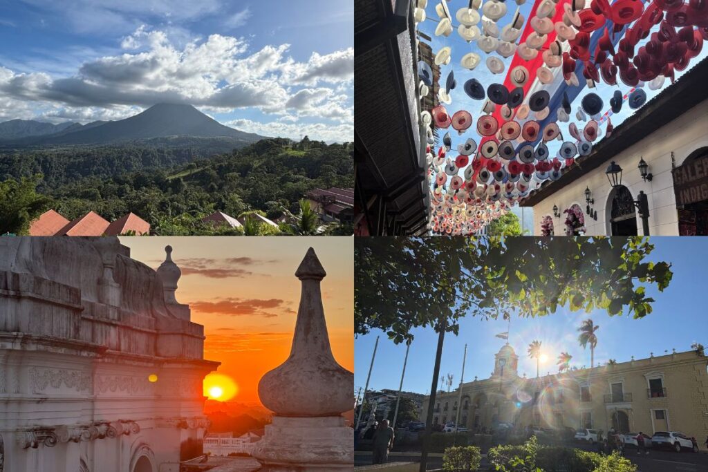 Collage showcasing Central America's diversity with a Costa Rican volcano, colorful Panama street art, a sunset over Granada, Nicaragua, and a historic plaza in San Salvador, El Salvador.
