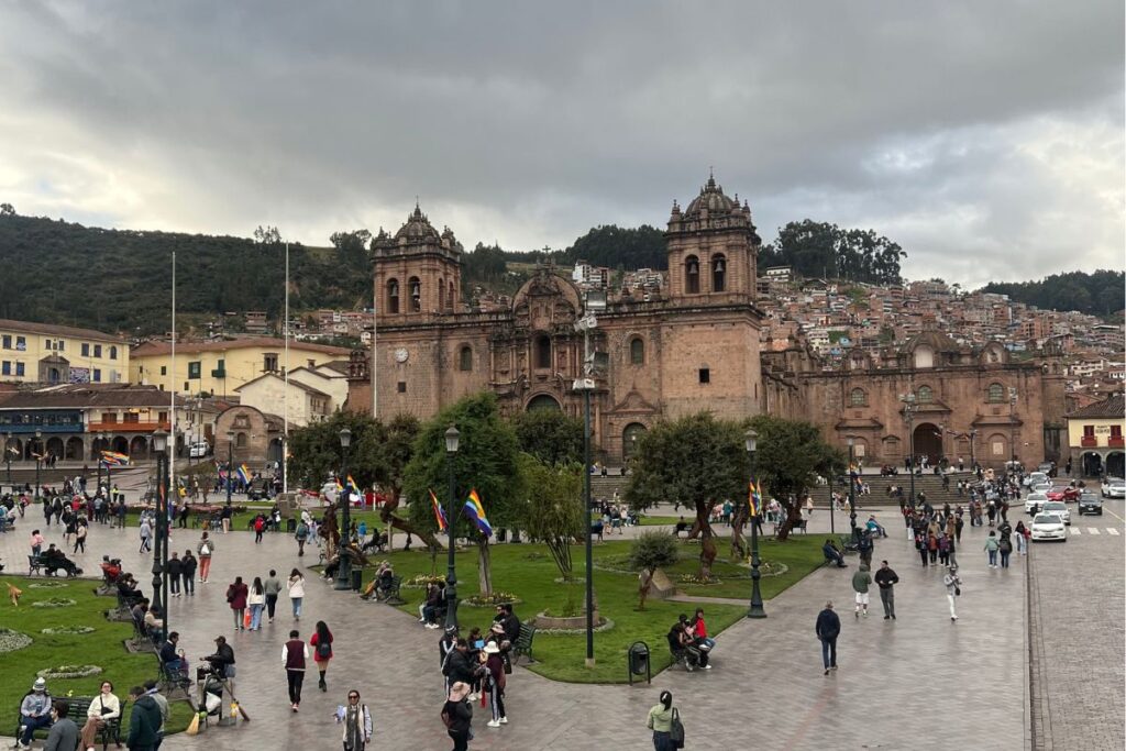 Peru – Cusco: Cusco Plaza de Armas and Cusco Cathedral on a cloudy day in Peru